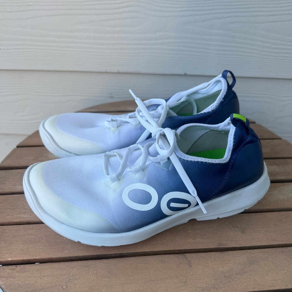 OOFOS OOmg Sport LS Low Recovery Shoes White Navy Blue Ombre Mens 9.5 EU 42.5
